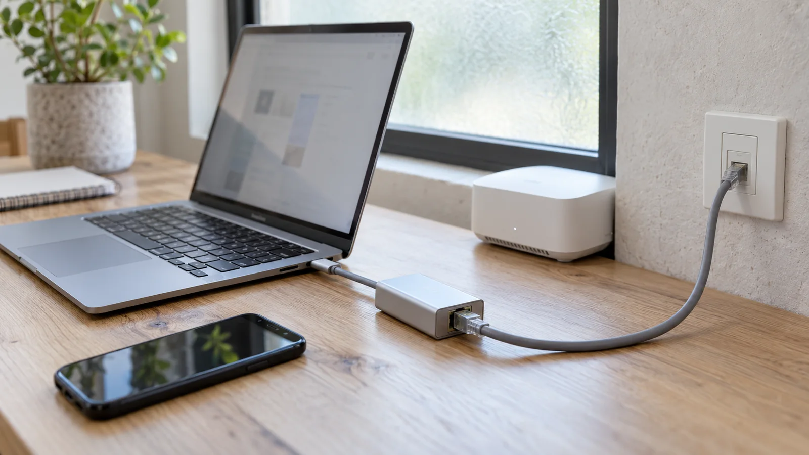 居家浅木工作台上的笔记本电脑通过 USB-C 网口扩展坞连接网线，旁边放着手机与小型网络网关