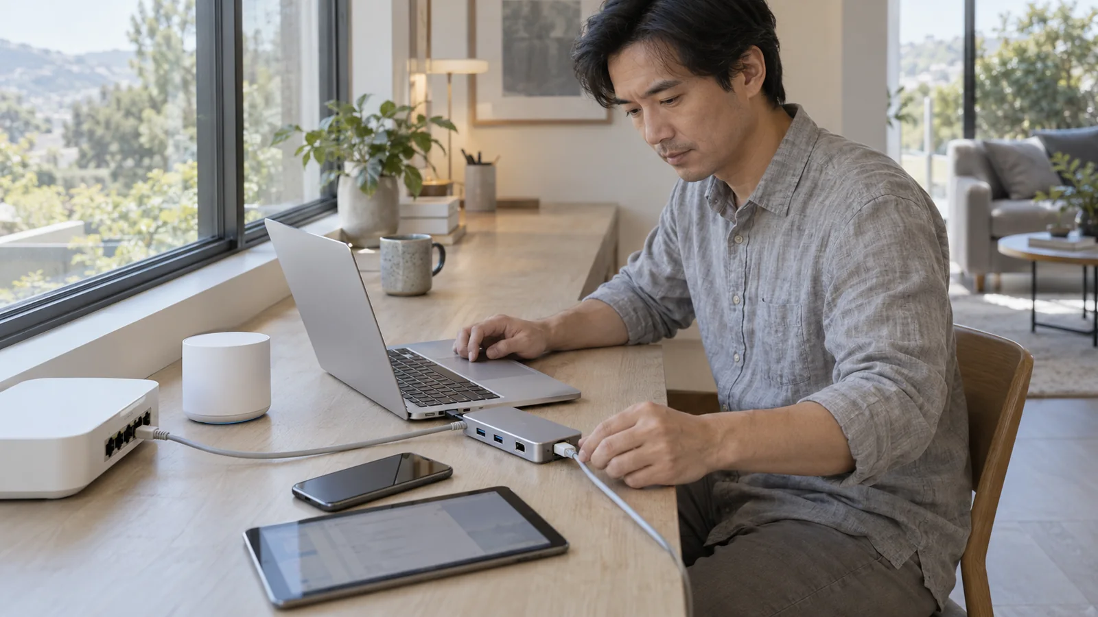 成年人在窗边工作台检查笔记本与USB-C网络扩展坞，旁边有手机、平板、网线与家庭Mesh设备