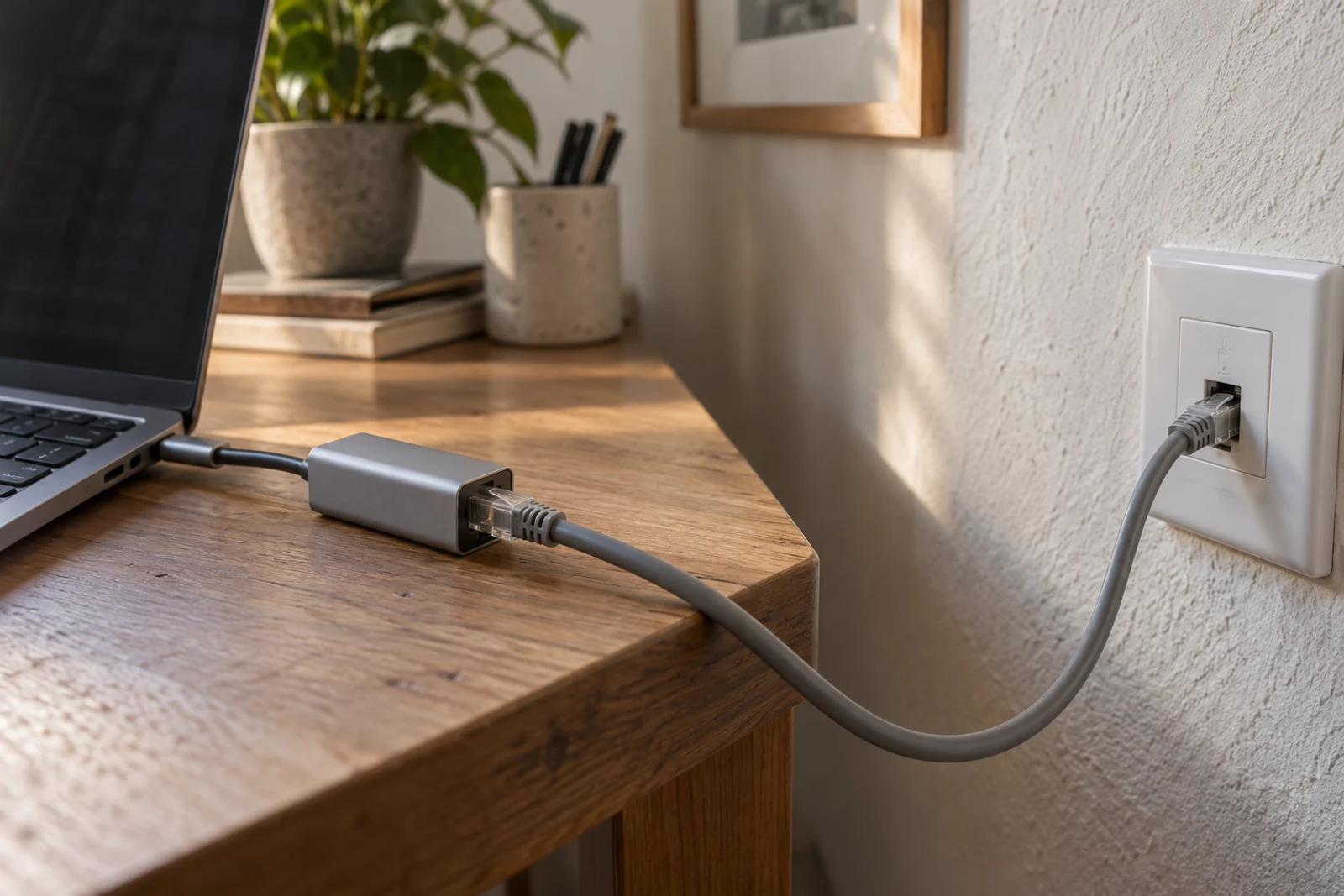 笔记本通过USB-C转网口和已插入的RJ45网线连接家庭墙面网络接口