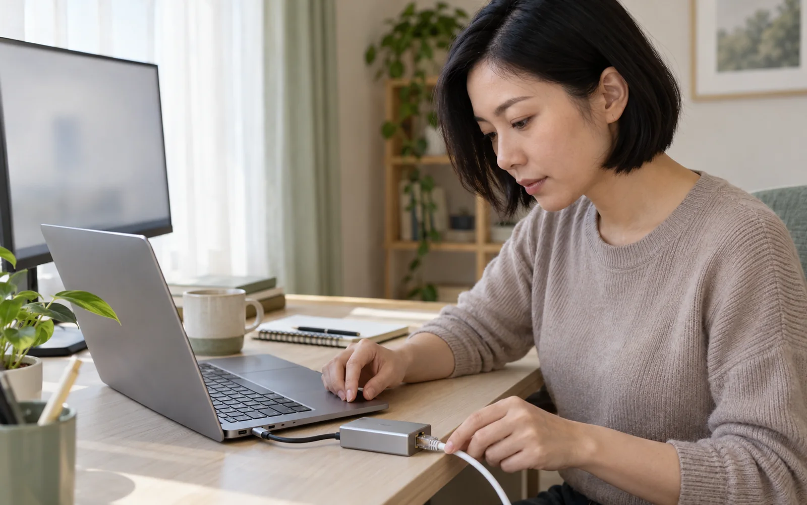 成年女性在家用书桌前检查笔记本USB-C以太网扩展坞和已插入的RJ45网线
